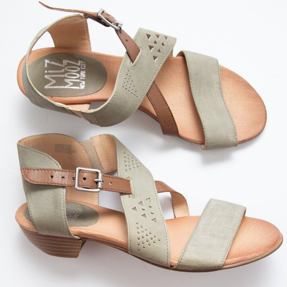 Miz Mooz Sienna Sandals Studs Cutout Shoes Strappy Leather Sage Green Brown 42